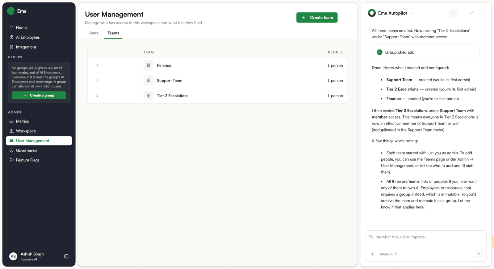Autopilot creating three teams in one request, then nesting one under another