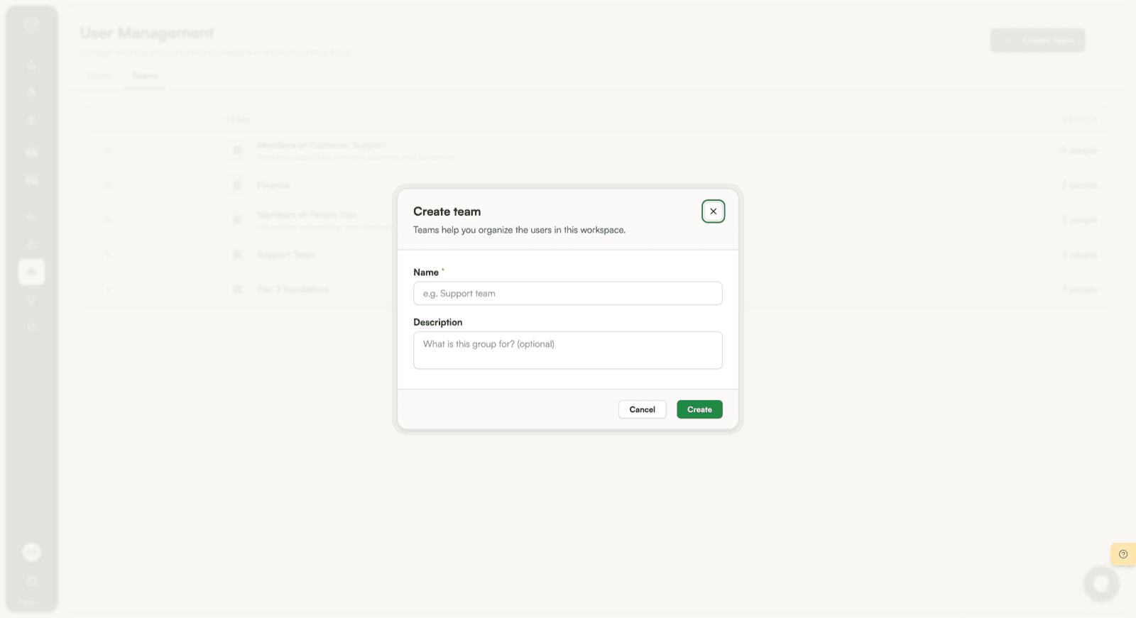 The Create team dialog, asking for a name and an optional description