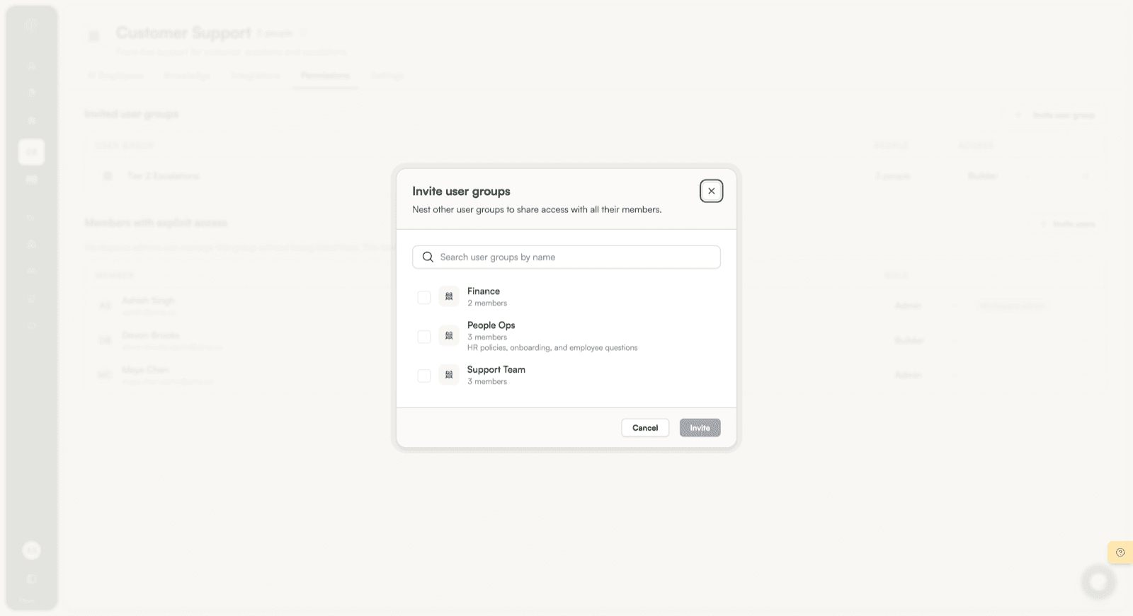 The Invite user group dialog, listing the teams that can be nested