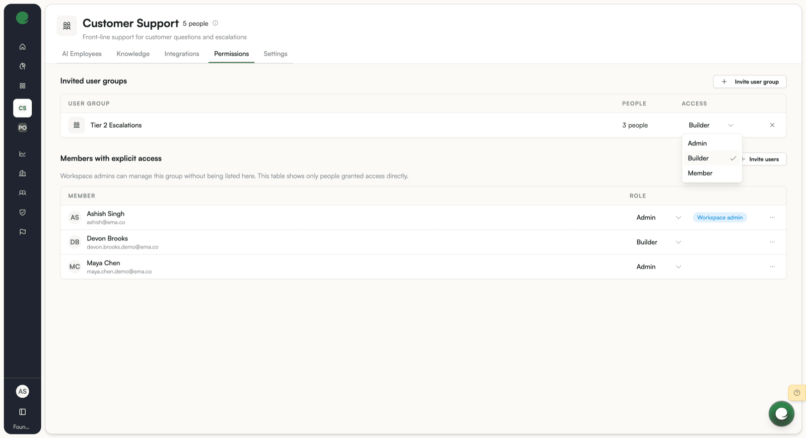 The role dropdown on a member row, offering Admin, Builder, and Member