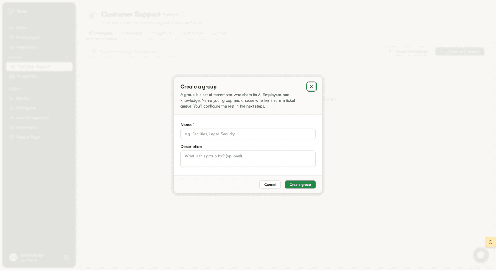 The Create a group dialog, asking for a name and an optional description