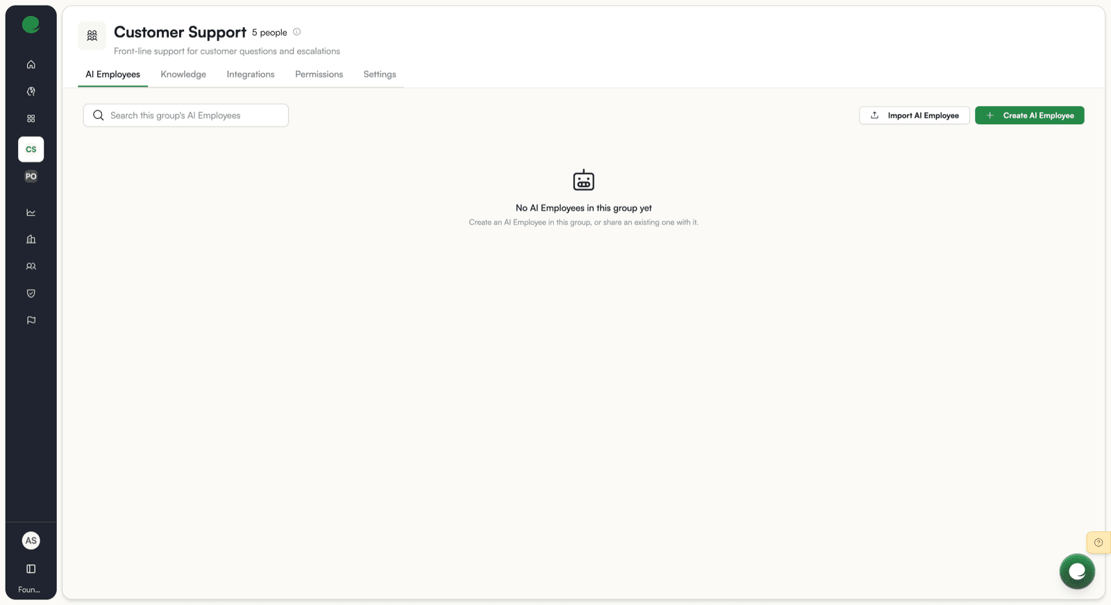The AI Employees tab of a group