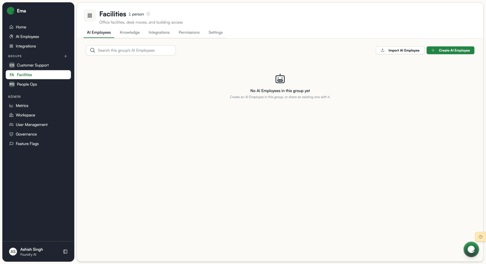 A newly created group, open on its AI Employees tab