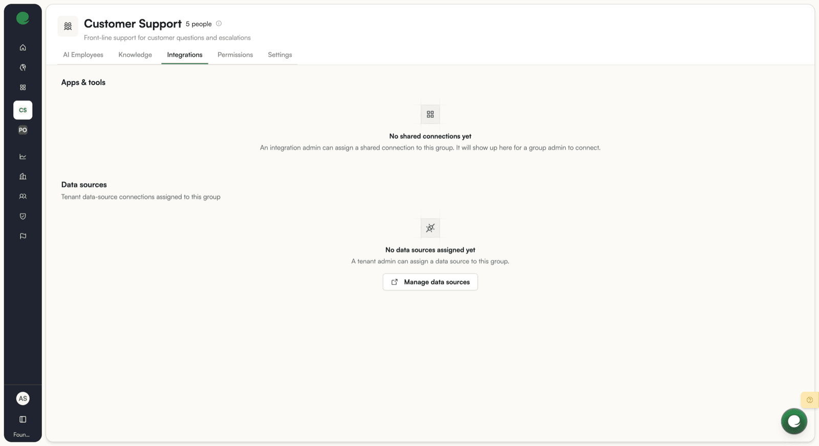 The Integrations tab of a group, showing apps and tools alongside assigned Knowledge Bases