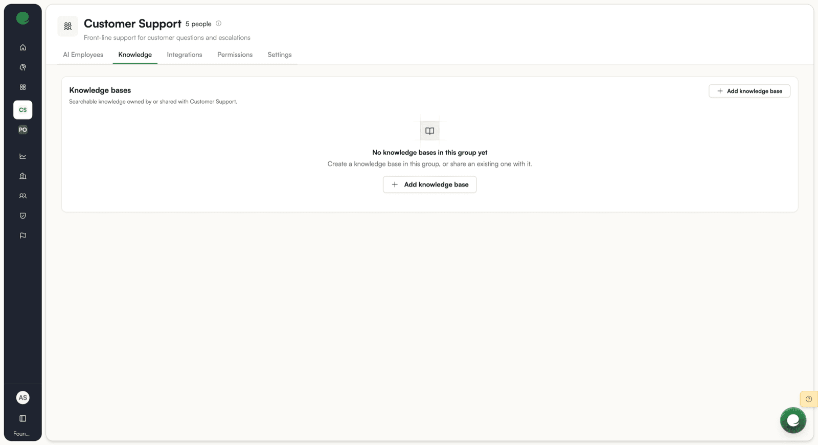 The Knowledge tab of a group, with an Access column separating owned from shared