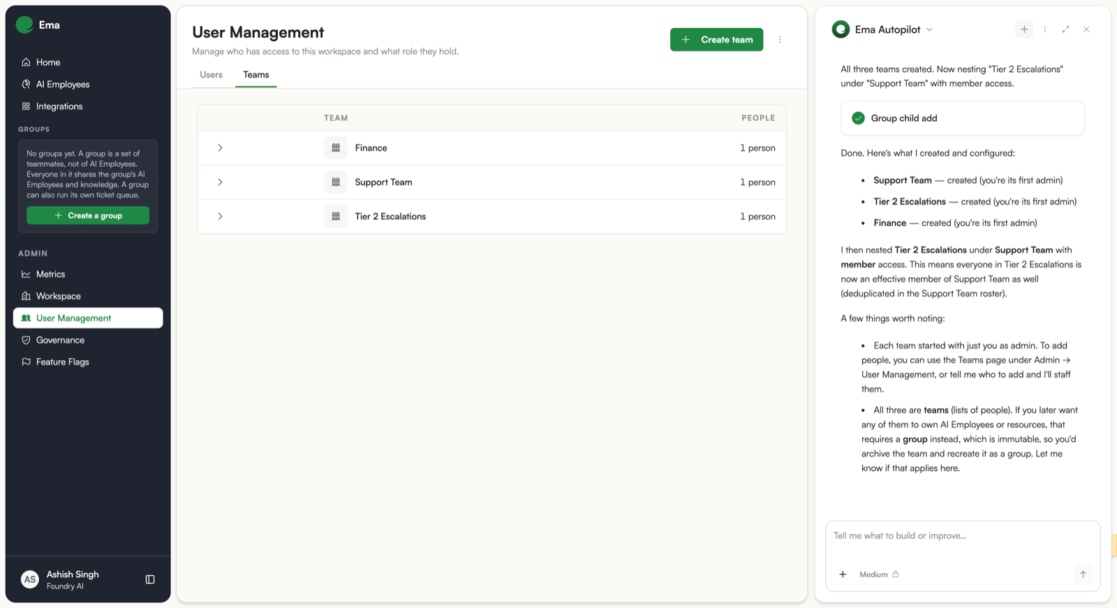 Autopilot creating three teams in one request, then nesting one under another