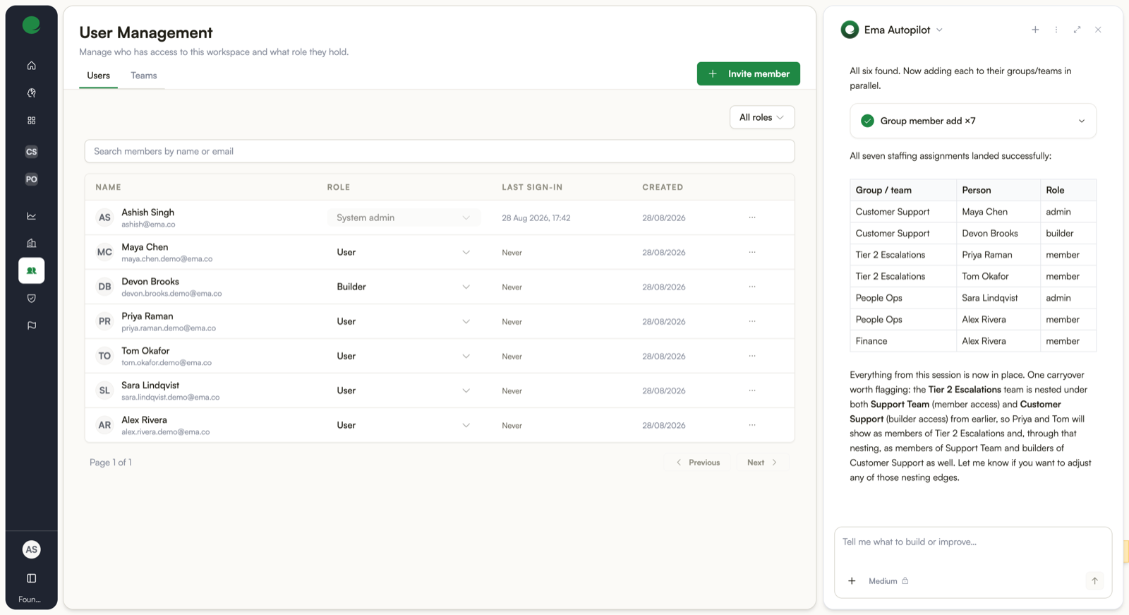 Autopilot adding seven people across three groups in one request
