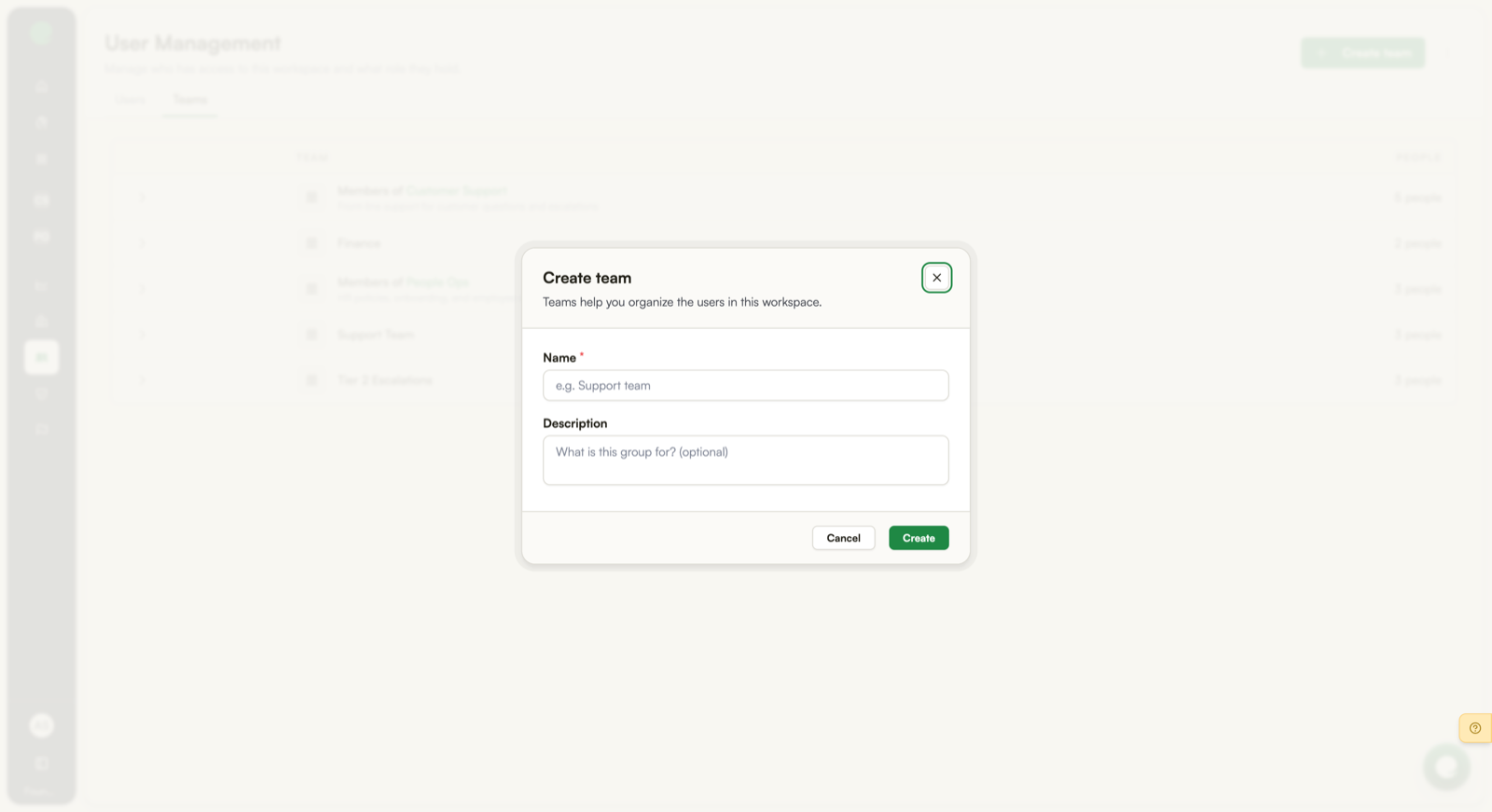 The Create team dialog, asking for a name and an optional description