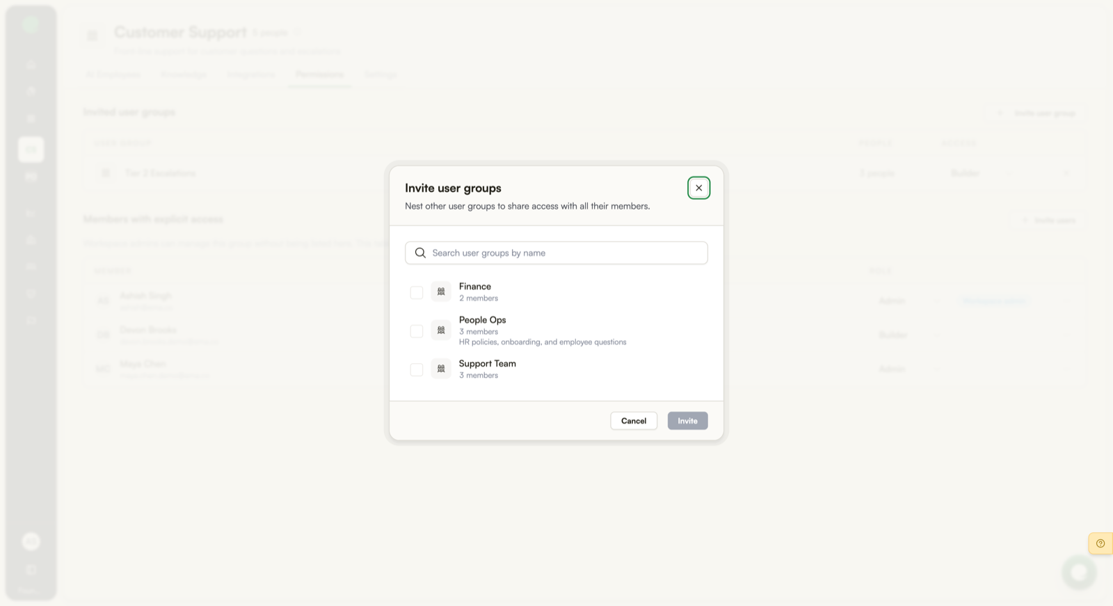 The Invite user group dialog, listing the teams that can be nested