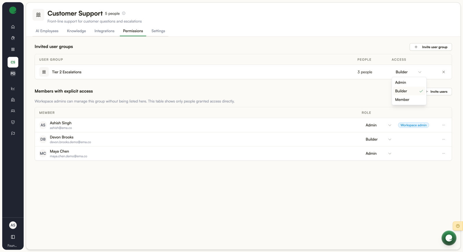 The role dropdown on a member row, offering Admin, Builder, and Member