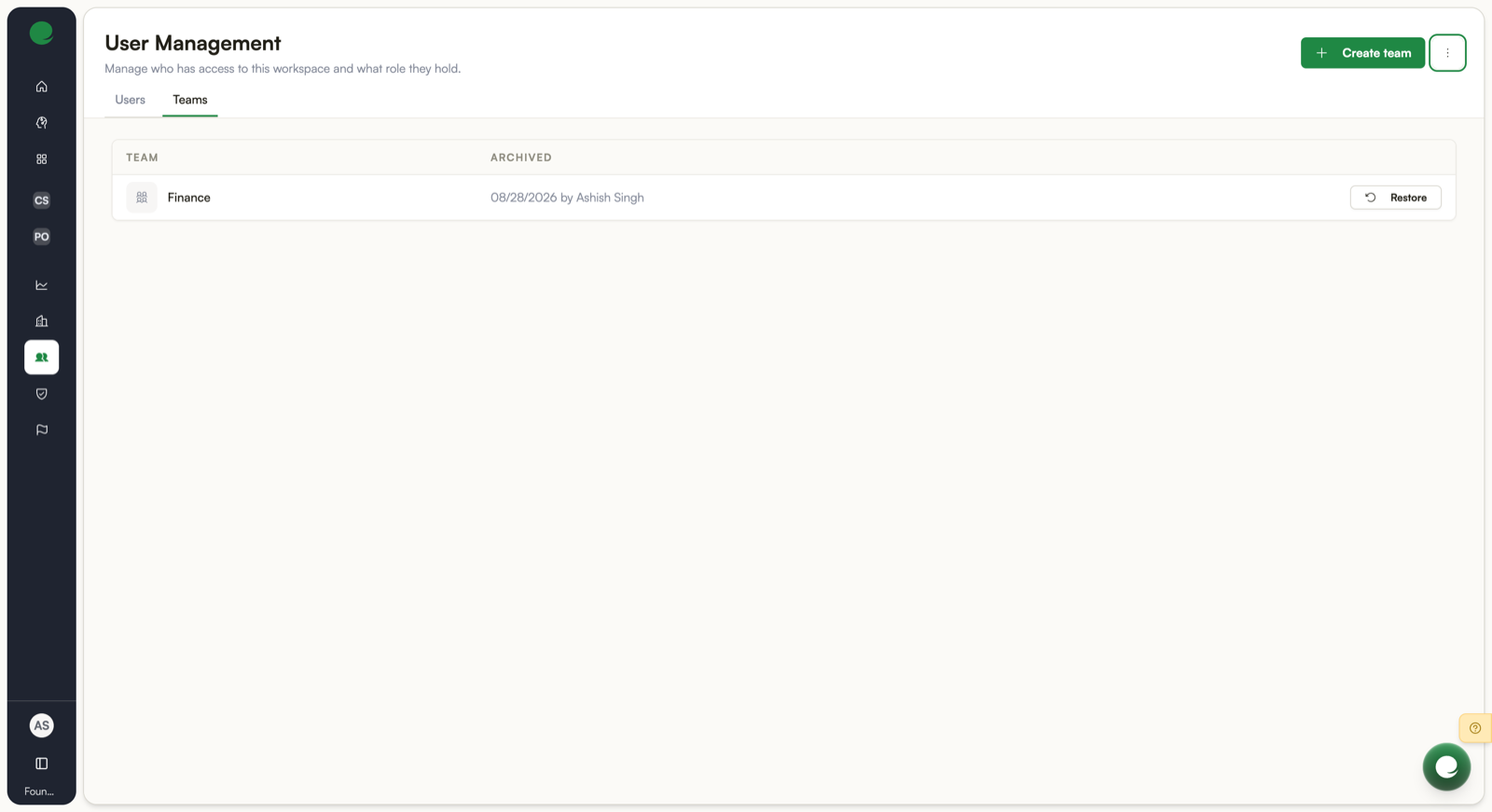 The archived view, listing an archived team with the date and a Restore action